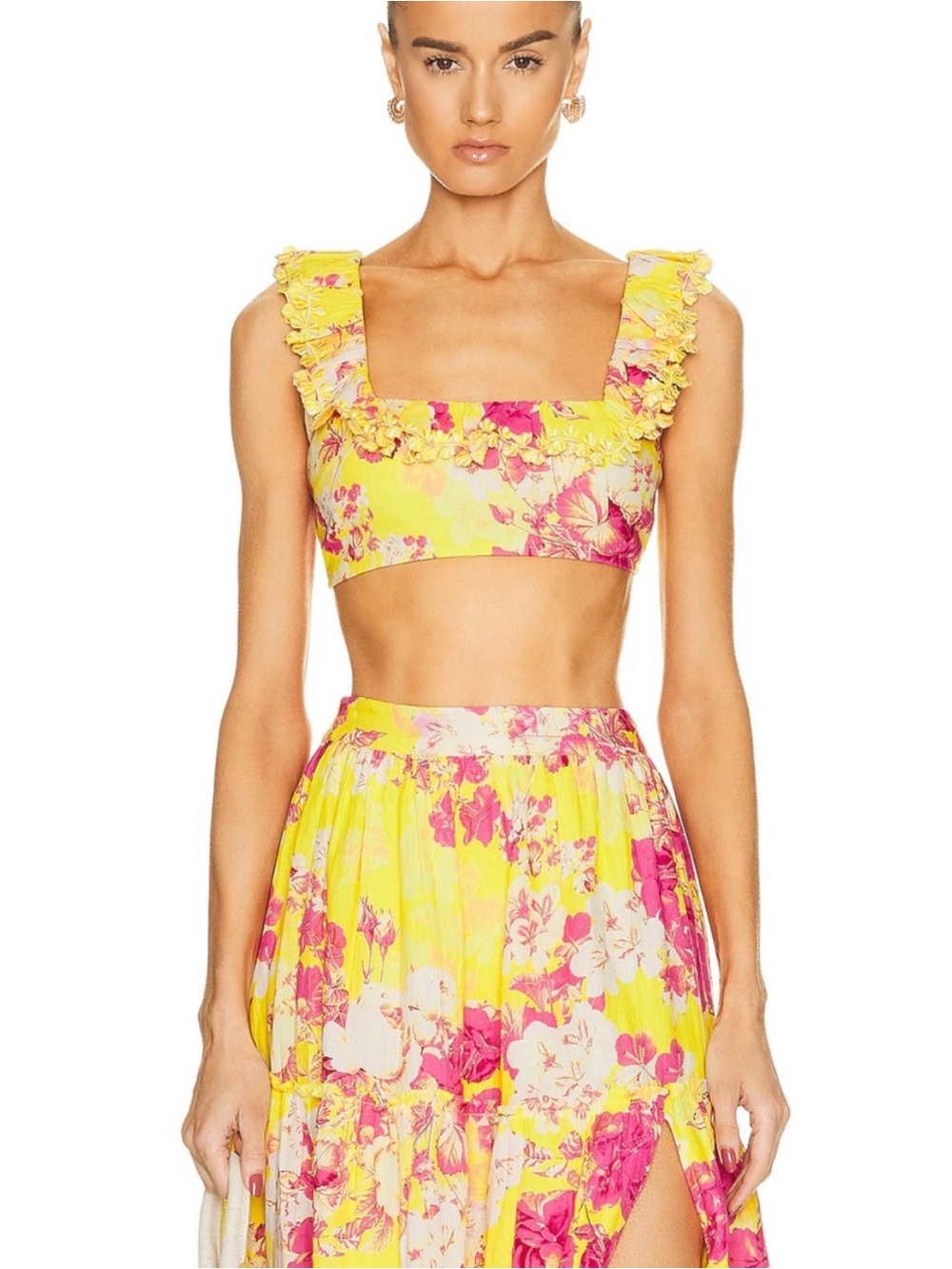 HEMANT & NANDITA Yellow Floral Ruffle-Strap Crop Top